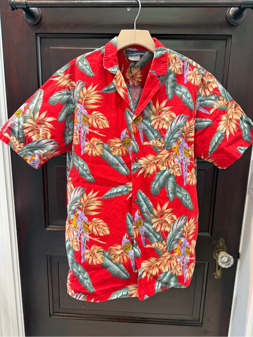 Mark Raysten Red Hawaiian Short Sleeve Button Down Shirt with Parrots